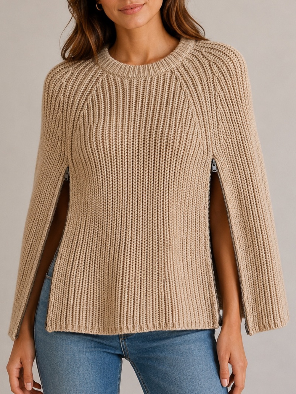 GAP Wool Blend Chunky Ribbed Poncho Sweater Shawl Shrug Tan XS/S